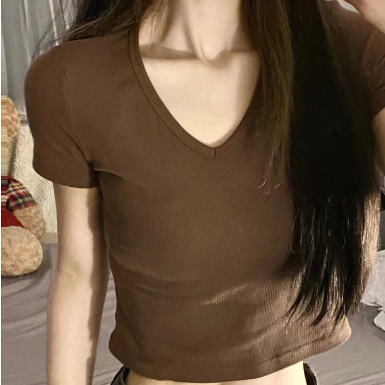 Áo Thun Nữ Ngắn Tay Cổ Chữ V Màu Trơn Phong Cách Mới