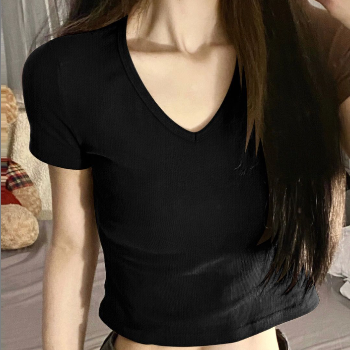 Áo Thun Nữ Ngắn Tay Cổ Chữ V Màu Trơn Phong Cách Mới
