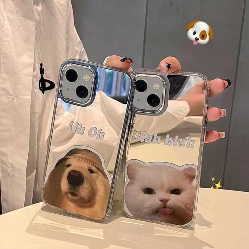 Ốp Điện Thoại Tráng Gương Họa Tiết Chó Mèo Cho iphone 14 pro max 13 pro msx 12 pro max