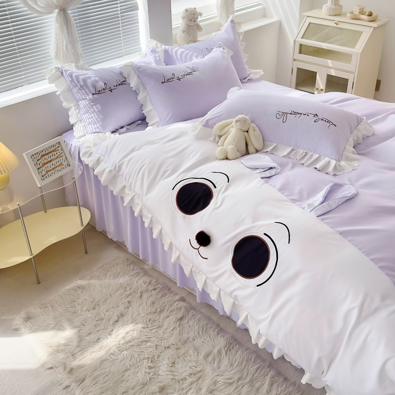 Bộ Drap giường 4 Trong 1 Với Vỏ Gối Đơn / Đôi in Hình Thỏ Hoạt Hình Màu Tím Phong Cách Vua / Hoàng Hậu