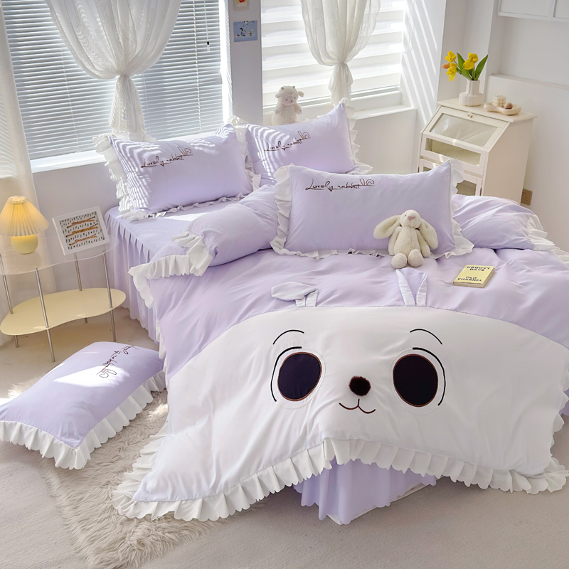 Bộ Drap giường 4 Trong 1 Với Vỏ Gối Đơn / Đôi in Hình Thỏ Hoạt Hình Màu Tím Phong Cách Vua / Hoàng Hậu