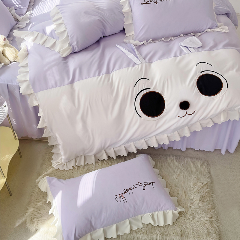 Bộ Drap giường 4 Trong 1 Với Vỏ Gối Đơn / Đôi in Hình Thỏ Hoạt Hình Màu Tím Phong Cách Vua / Hoàng Hậu