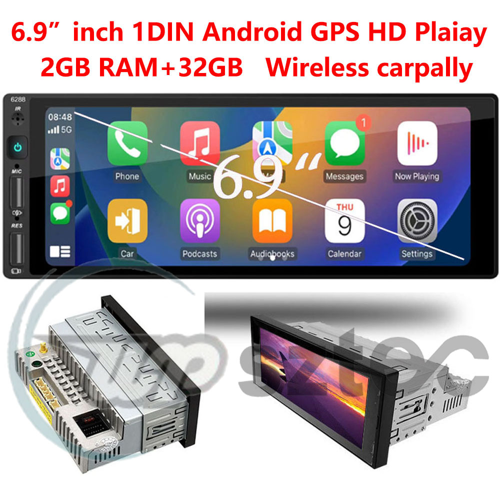 Máy Nghe Nhạc Không Dây 6.9 inch carpaly 1DIN Android 12 GPS Độ Nét Cao 2GB RAM + 32GB ROM IPS