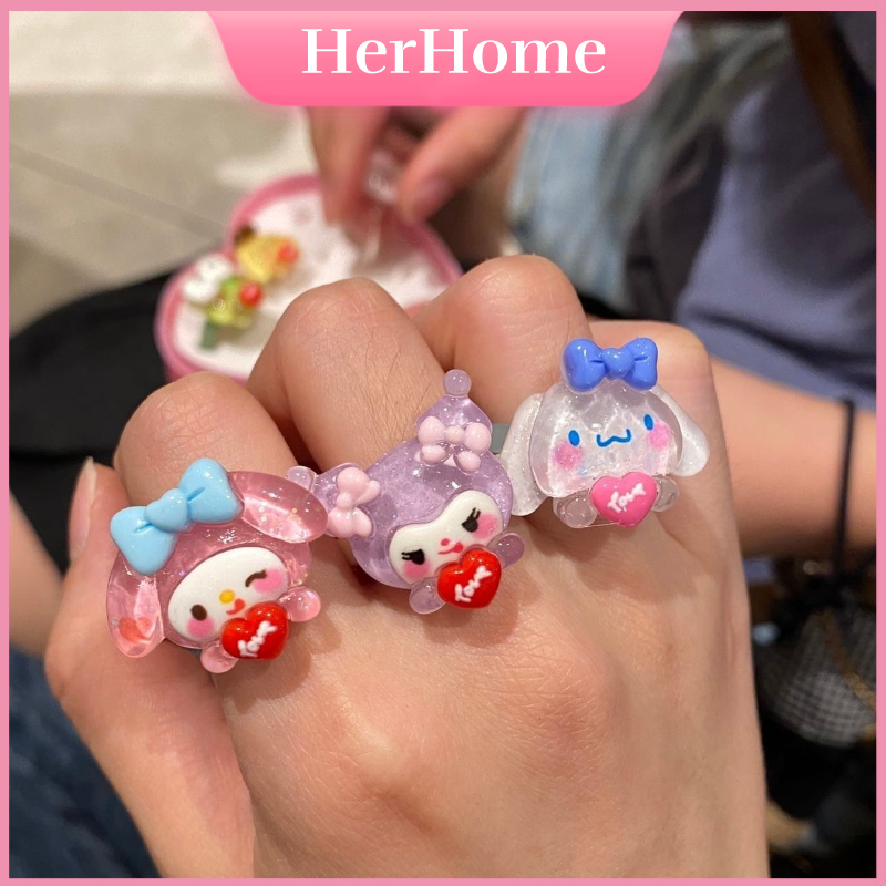6 Cái / bộ Học Sinh Nhẫn Sanrio Kuromi Cô Gái Dễ Thương Trái Tim Hoạt Hình Cặp Đôi Mềm Tặng Bạn Gái Có Thể Điều Chỉnh Mở Nhẫn H0145