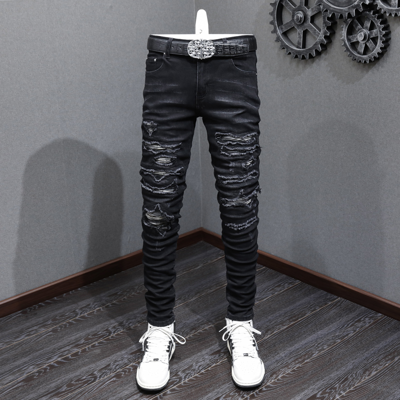 Amiri Street Fashion Men Jeans Black Vintage Tight Fit Broken White Patch Men Hip Hop Jeans