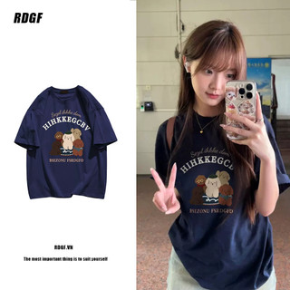  Áo Thun 100% Cotton Tay Ngắn Dáng Rộng Cổ Tròn Màu Xanh Dương Đậm Thời Trang Cho Nữ 