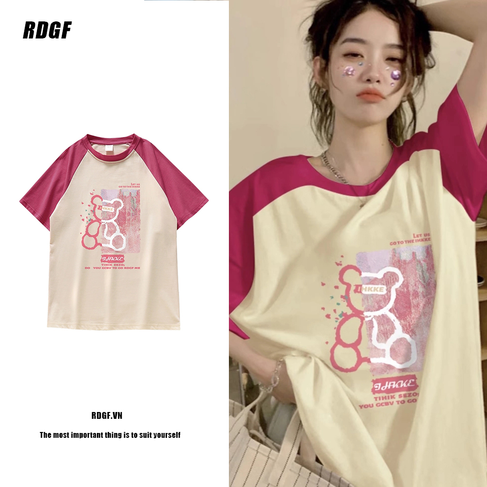 Áo Thun 100% Cotton Tay Ngắn Cổ Tròn Dáng Rộng In Hình Hoa Hồng Mơ Thời Trang Cho Nữ