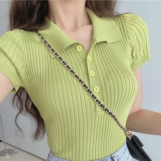 Áo Thun polo Dệt Kim Ngắn Tay Dáng Ôm Gợi Cảm Thời Trang Mùa Hè Cho Nữ