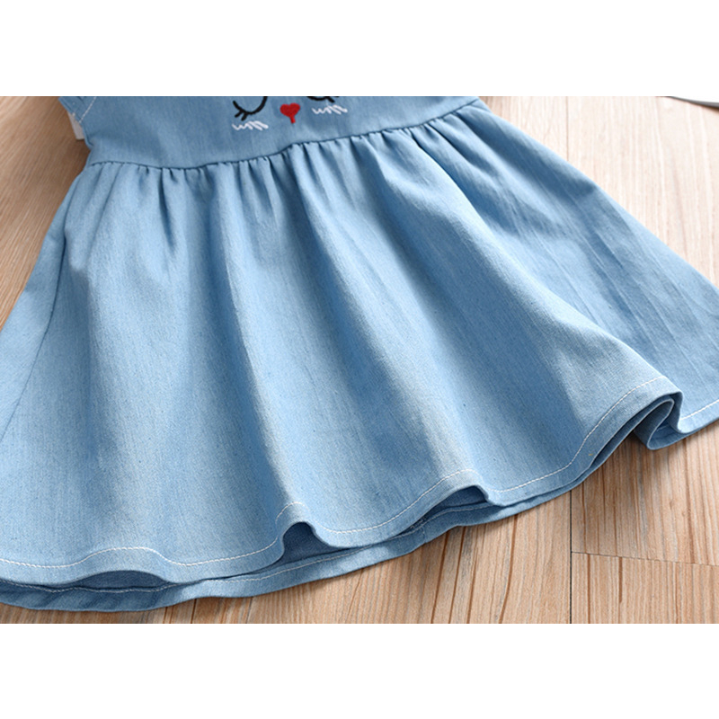 Đầm Denim Xanh Dương Thêu Họa Tiết Dễ Thương Thời Trang Cho Bé Gái 1-6 Tuổi