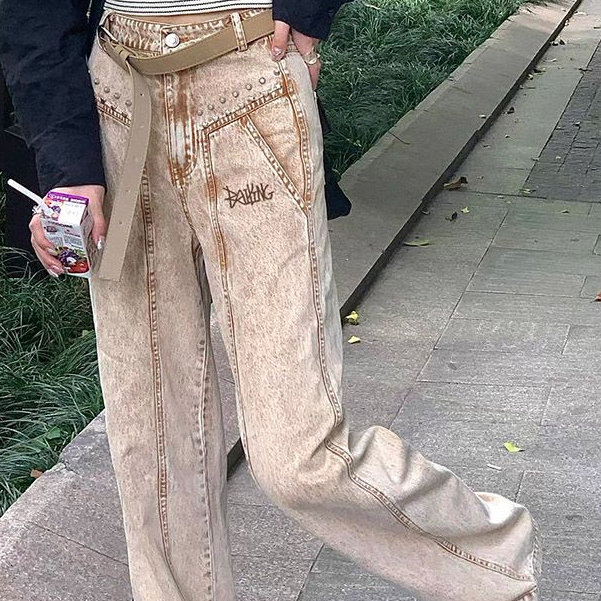 Jiashucheng Quần Jean Ống Đứng Phong Cách Retro Đường Phố Mỹ Cho Nữ