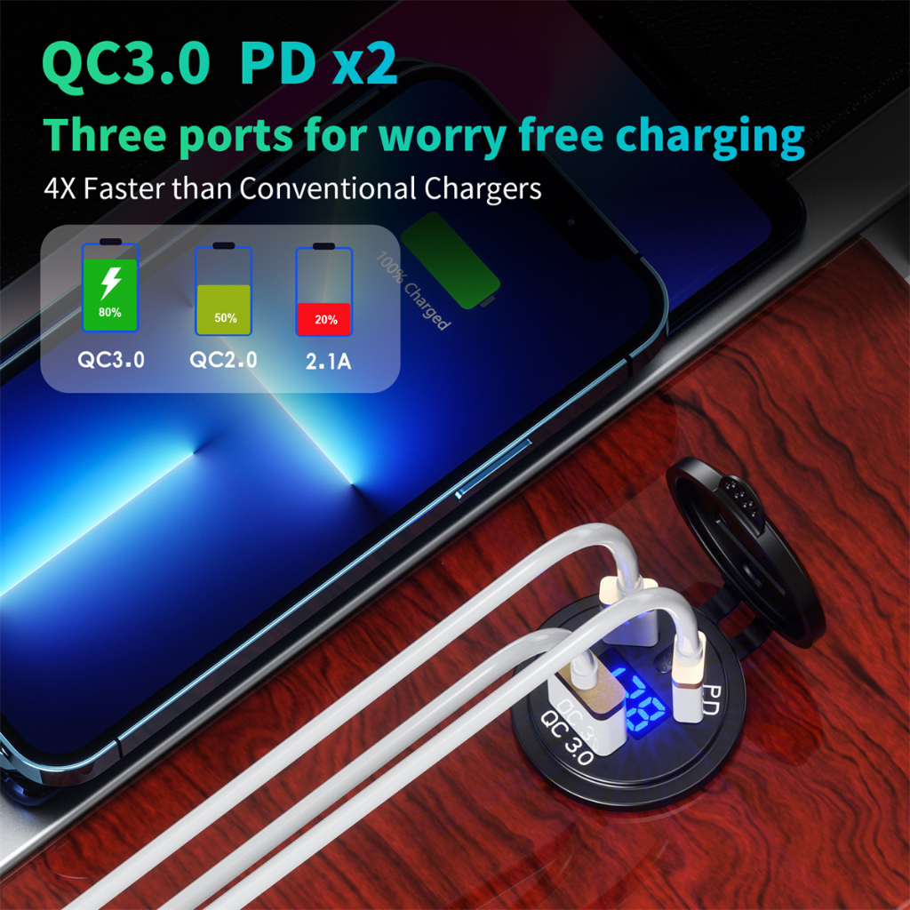 Ổ Cắm Sạc Nhanh 108W Chống Thấm Nước PD Type-C + QC3.0 Có Đèn LED Cho Xe Hơi / Xe Máy / Tàu Thuyền / Xe Tải / RV