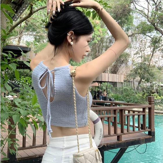 Áo Hai Dây Dệt Kim Dáng Ngắn Thời Trang Mùa Hè Cho Nữ