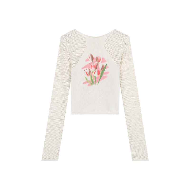 QADCOL Áo sweater Dệt Kim Tay Dài Khoét Lỗ Dáng Ôm In Hình Hoa tulip Thời Trang Mùa Hè Cho Nữ
