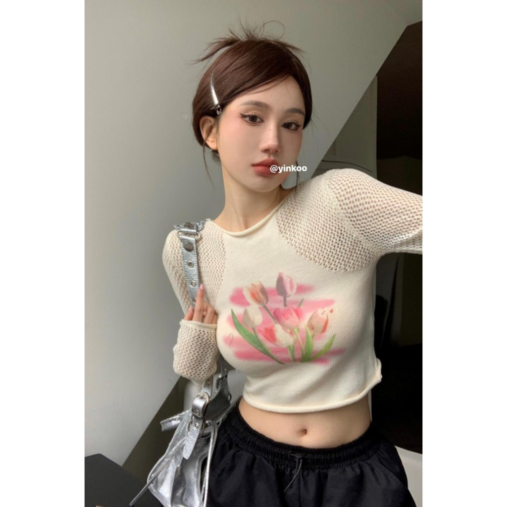 QADCOL Áo sweater Dệt Kim Tay Dài Khoét Lỗ Dáng Ôm In Hình Hoa tulip Thời Trang Mùa Hè Cho Nữ
