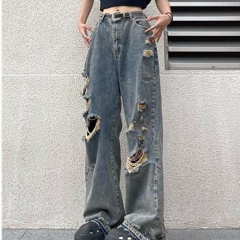 Jiashucheng Quần Jean Dài Lưng Cao Ống Rộng Phối Rách Kiểu Đường Phố Mỹ Cá Tính