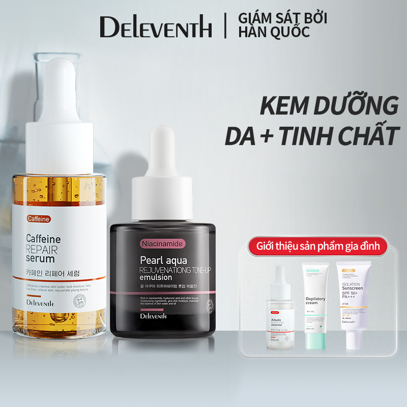 Set 2 món DELEVENTH serum caffeine phục hồi da mặt 30ml chống oxy hóa/ hydrat hóa +kem lót dưỡng ẩm ngọc trai 30ml