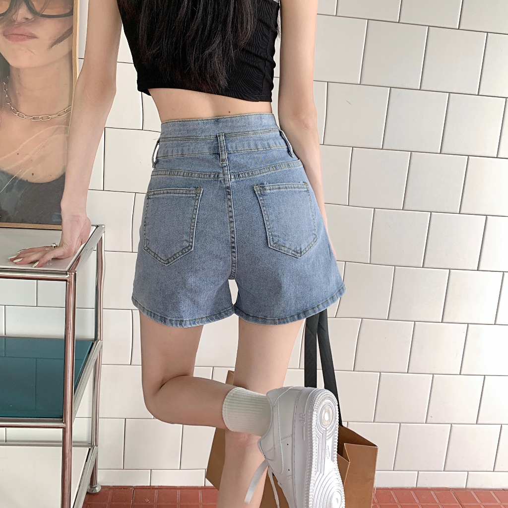 NUZIRO  Quần short jean  lưng cao ống rộng thời trang cho nữ