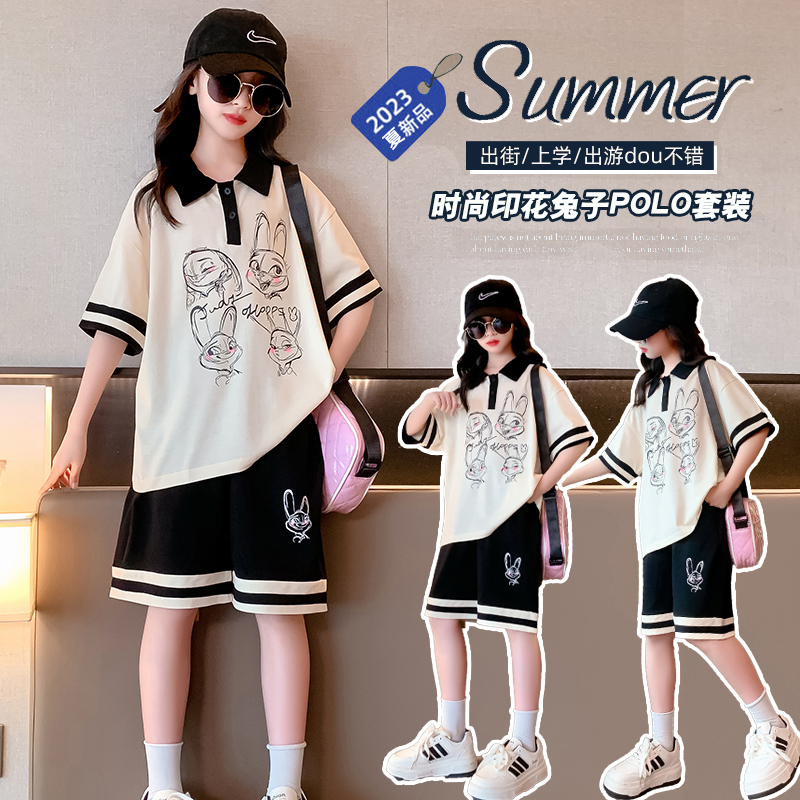 Set Áo Thun polo + Quần Short Bóng Rổ In Hình Hoạt Hình Phong Cách Hàn Quốc Thời Trang Mùa Hè Cho Bé Gái 3-14 Tuổi