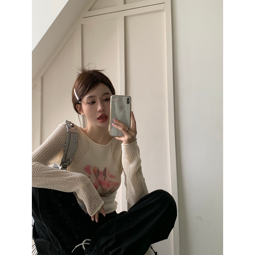 QADCOL Áo sweater Dệt Kim Tay Dài Khoét Lỗ Dáng Ôm In Hình Hoa tulip Thời Trang Mùa Hè Cho Nữ