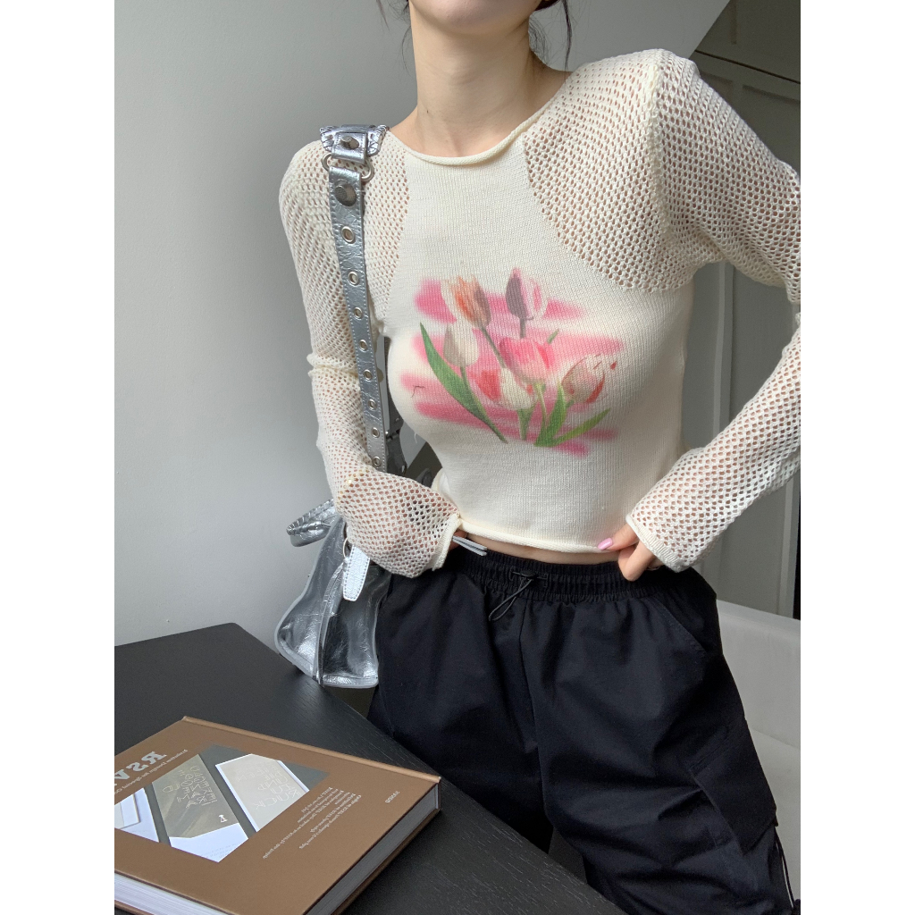 QADCOL Áo sweater Dệt Kim Tay Dài Khoét Lỗ Dáng Ôm In Hình Hoa tulip Thời Trang Mùa Hè Cho Nữ