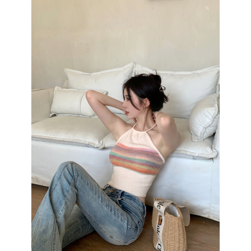 QADCOL Áo Len Không Tay Hở Lưng Họa Tiết Kẻ Sọc Thời Trang Mùa Hè Ngọt Ngào Dành Cho Nữ