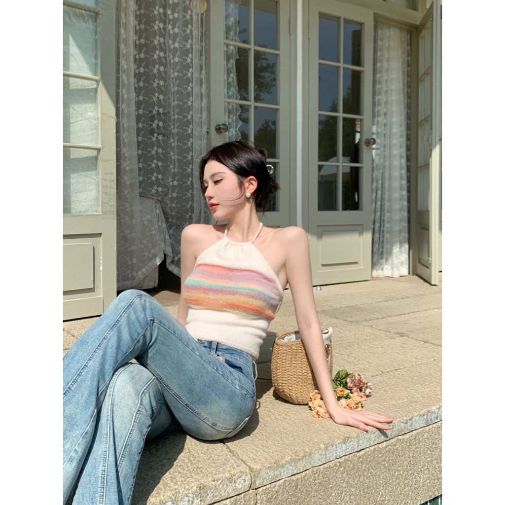 QADCOL Áo Len Không Tay Hở Lưng Họa Tiết Kẻ Sọc Thời Trang Mùa Hè Ngọt Ngào Dành Cho Nữ