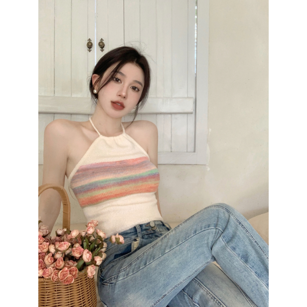 QADCOL Áo Len Không Tay Hở Lưng Họa Tiết Kẻ Sọc Thời Trang Mùa Hè Ngọt Ngào Dành Cho Nữ