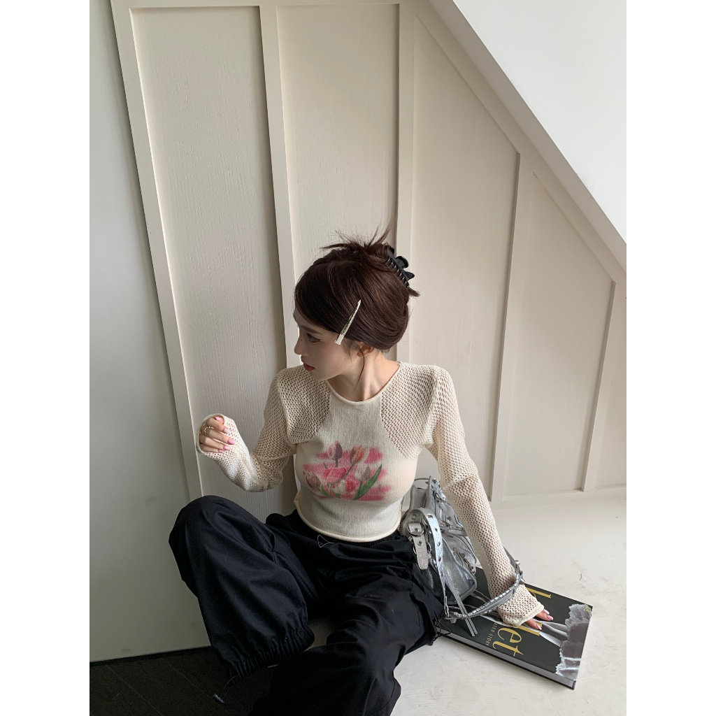 QADCOL Áo sweater Dệt Kim Tay Dài Khoét Lỗ Dáng Ôm In Hình Hoa tulip Thời Trang Mùa Hè Cho Nữ