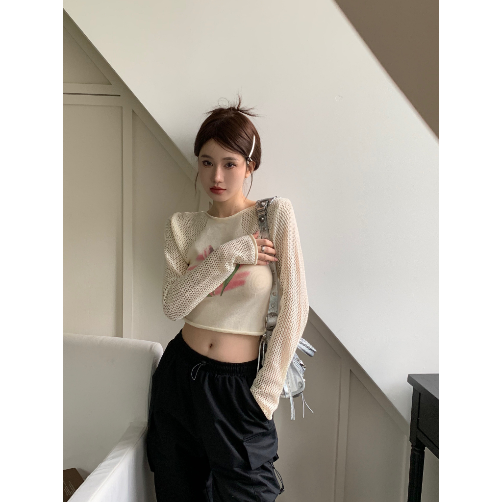 QADCOL Áo sweater Dệt Kim Tay Dài Khoét Lỗ Dáng Ôm In Hình Hoa tulip Thời Trang Mùa Hè Cho Nữ