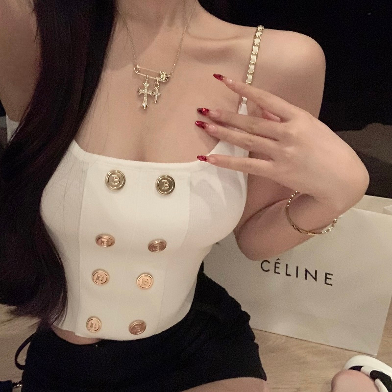 QADCOL Áo Tank Top Dây Xích Kim Loại Màu Trơn Phong Cách Âu Mỹ Ngọt Ngào Quyến Rũ Mặc Trong Và Ngoài Nhà Cho Nữ