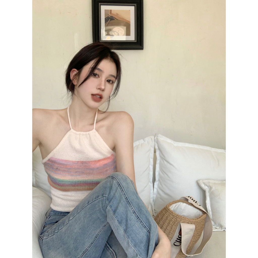 QADCOL Áo Len Không Tay Hở Lưng Họa Tiết Kẻ Sọc Thời Trang Mùa Hè Ngọt Ngào Dành Cho Nữ