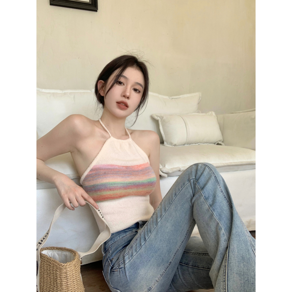 QADCOL Áo Len Không Tay Hở Lưng Họa Tiết Kẻ Sọc Thời Trang Mùa Hè Ngọt Ngào Dành Cho Nữ