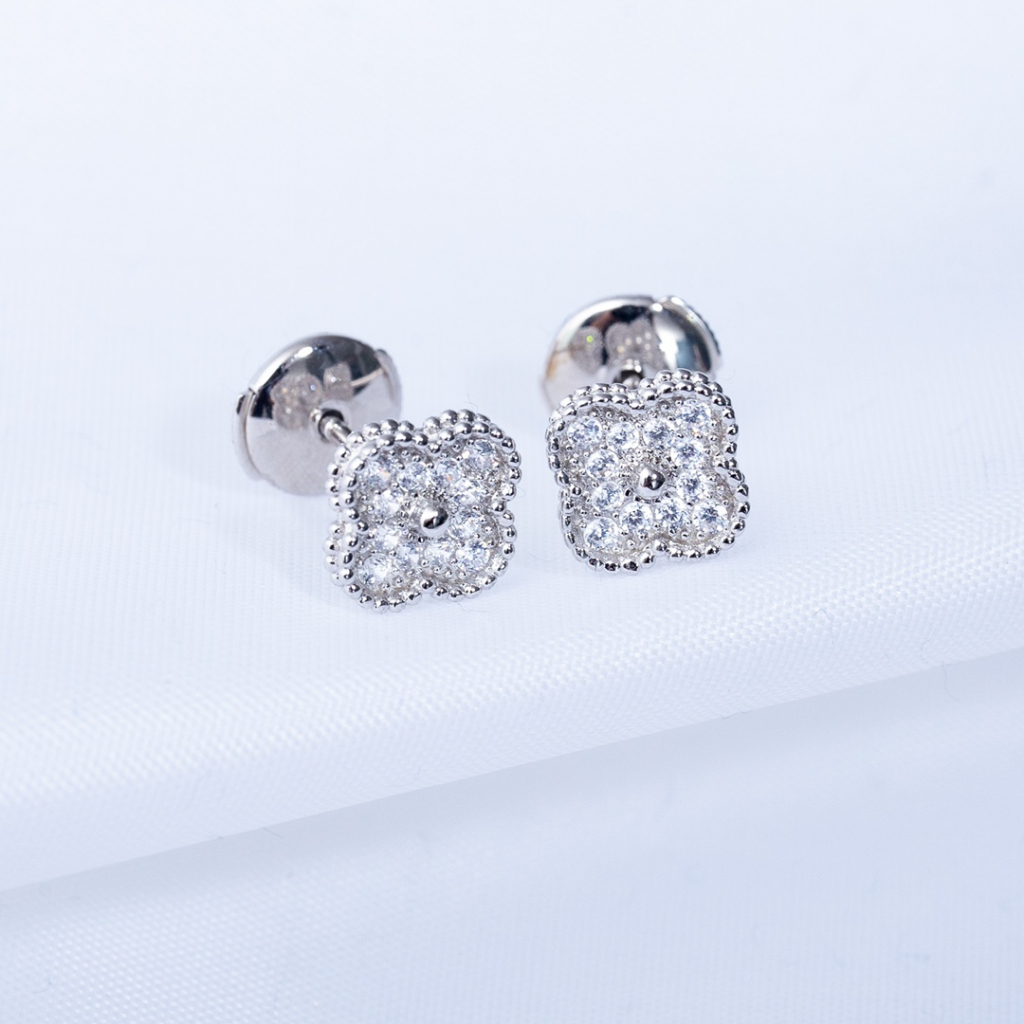 Bông Tai Bạc Mini Hình Cỏ Bốn Lá Đính Kim Cương Giả Thời Trang Năm 2023 Cho Nữ