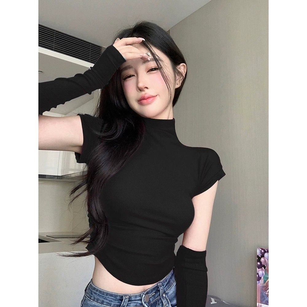 ZHELIHANGFEI Áo Thun Ngắn Tay Ôm Dáng Cổ Lọ Màu Đen Quyến Rũ Cho Nữ