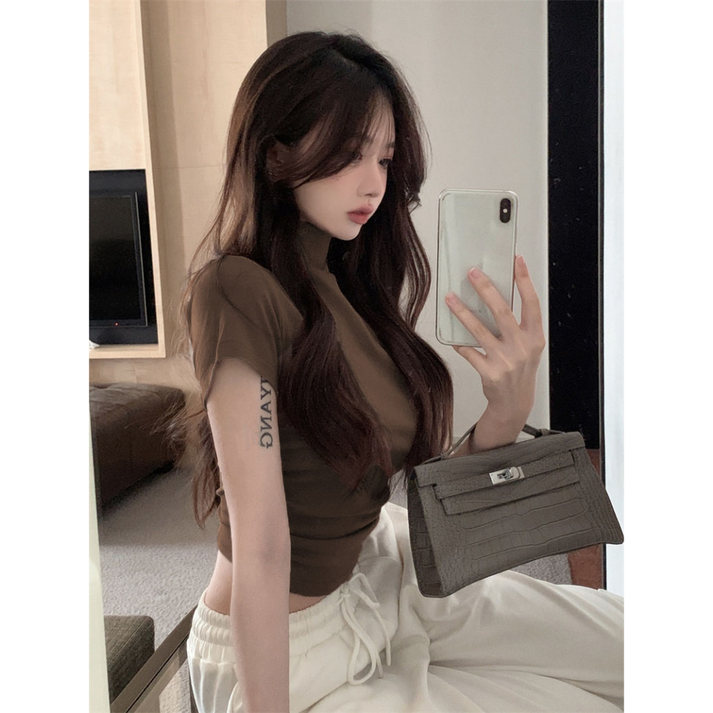 ZHELIHANGFEI Áo Thun Ngắn Tay Ôm Dáng Cổ Lọ Màu Đen Quyến Rũ Cho Nữ