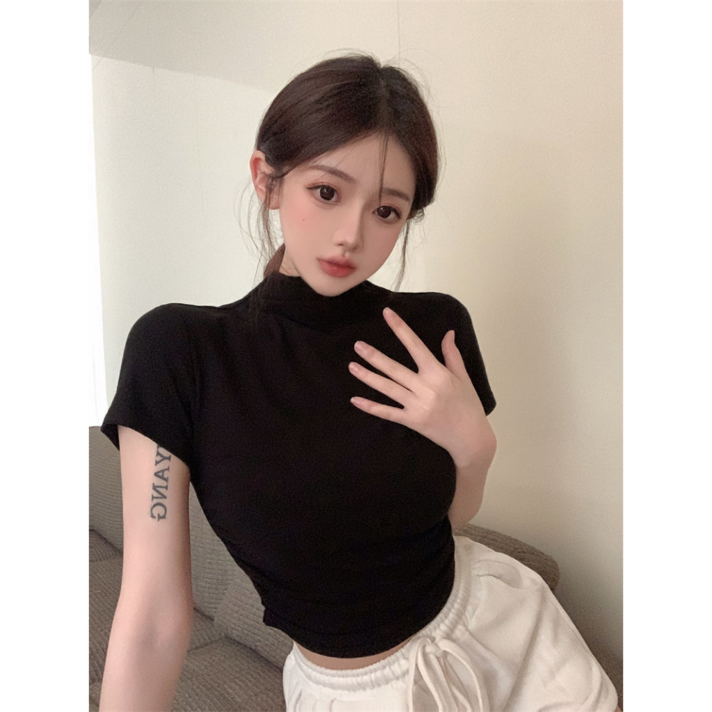 ZHELIHANGFEI Áo Thun Ngắn Tay Ôm Dáng Cổ Lọ Màu Đen Quyến Rũ Cho Nữ