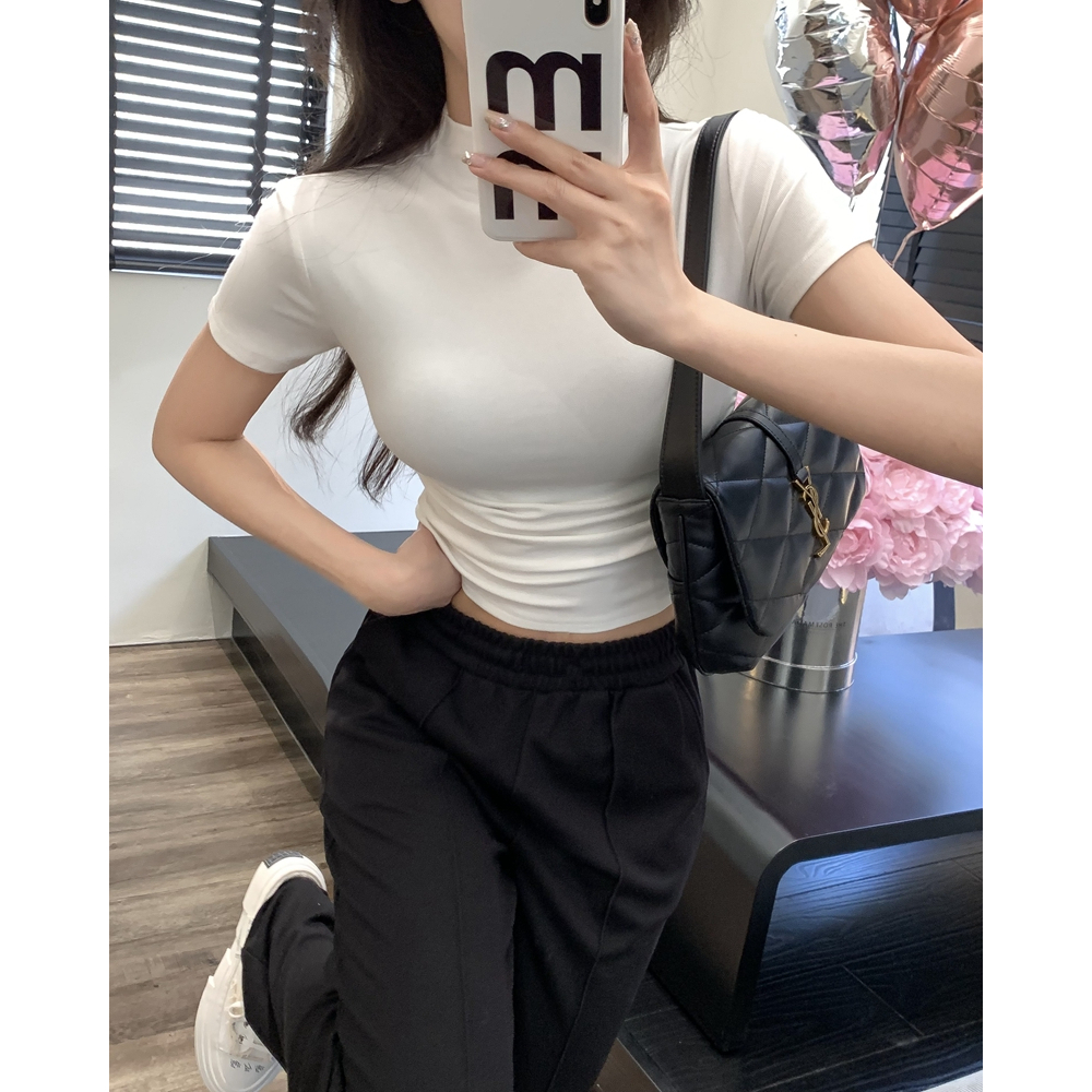 ZHELIHANGFEI Áo Thun Ngắn Tay Ôm Dáng Cổ Lọ Màu Đen Quyến Rũ Cho Nữ