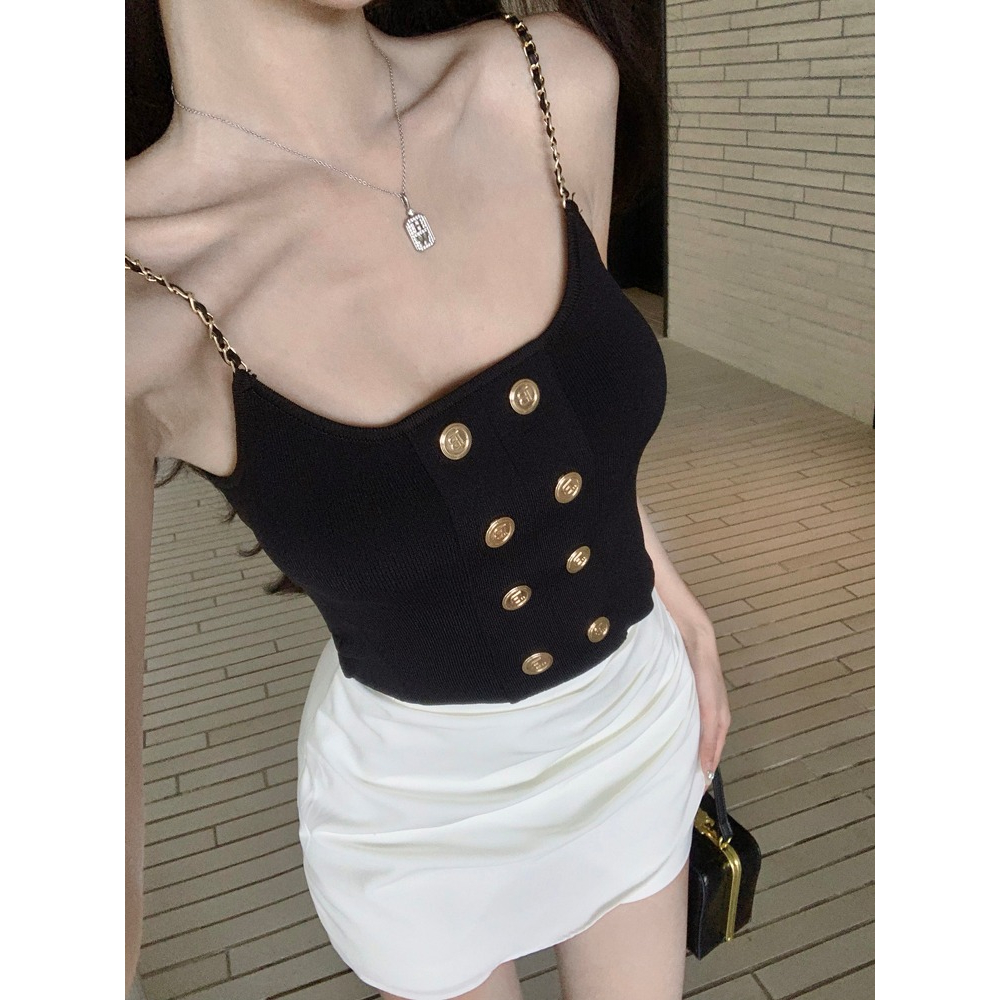 QADCOL Áo Tank Top Dây Xích Kim Loại Màu Trơn Phong Cách Âu Mỹ Ngọt Ngào Quyến Rũ Mặc Trong Và Ngoài Nhà Cho Nữ