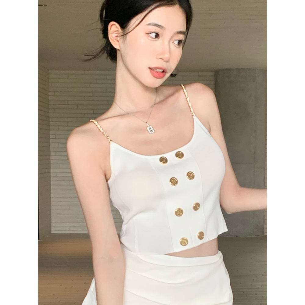QADCOL Áo Tank Top Dây Xích Kim Loại Màu Trơn Phong Cách Âu Mỹ Ngọt Ngào Quyến Rũ Mặc Trong Và Ngoài Nhà Cho Nữ