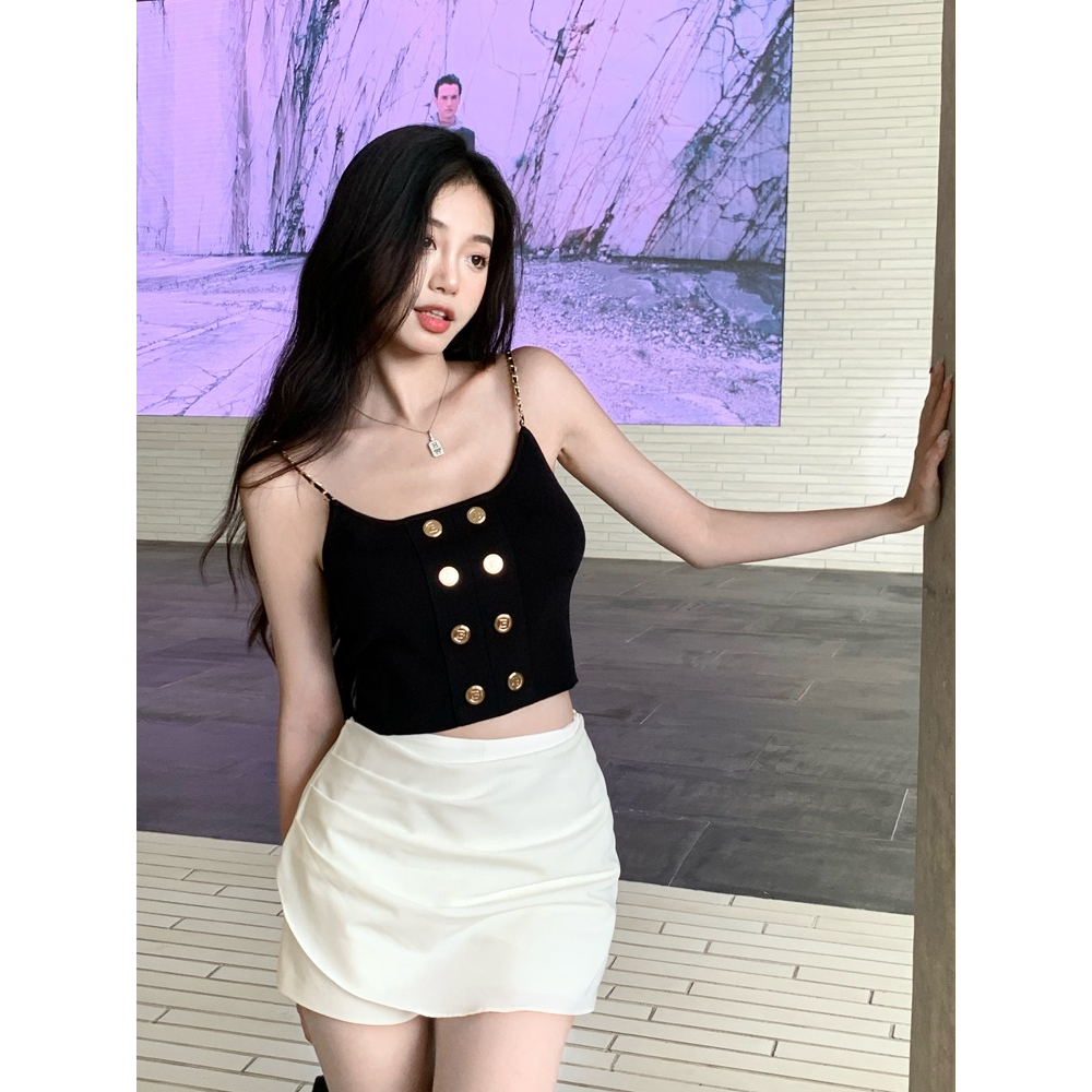 QADCOL Áo Tank Top Dây Xích Kim Loại Màu Trơn Phong Cách Âu Mỹ Ngọt Ngào Quyến Rũ Mặc Trong Và Ngoài Nhà Cho Nữ