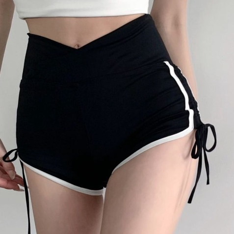 Jiashucheng Quần Short Thể Thao Lưng Cao Dáng Ôm Rút Dây Màu Đen Thời Trang Mùa Hè Quyến Rũ Cho Nữ