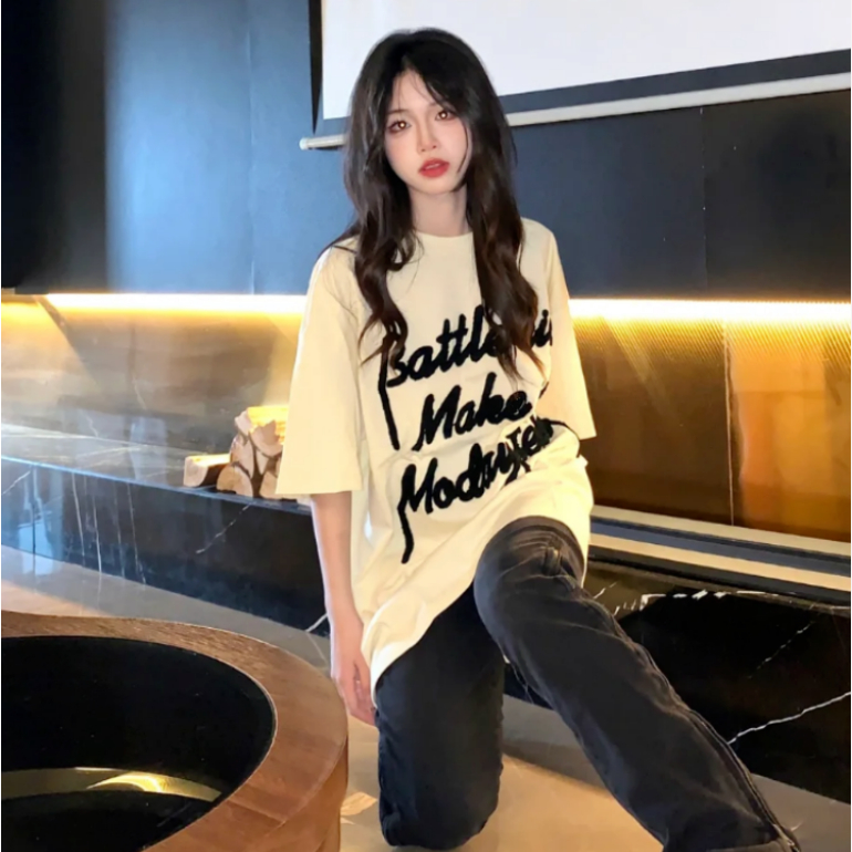 Jiashucheng Áo Thun Ngắn Tay Dáng Rộng Dài Vừa Phải In Chữ Phong Cách Hàn Quốc Thời Trang Mùa Hè Mới @ -