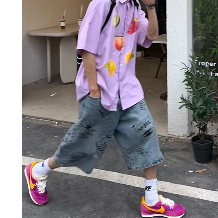 EERSHENSHI Áo Sơ Mi Nam Tay Lửng Họa Tiết Trái Cây Nghệ Thuật Phong Cách Harajuku Mới