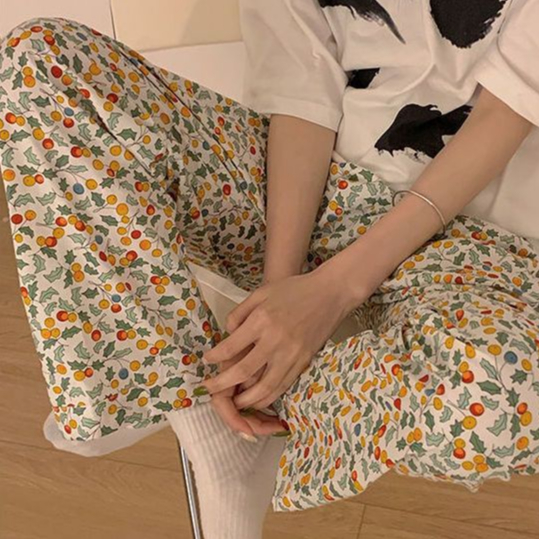 Jiashucheng Quần Dài Dáng Rộng Lưng Thun Mỏng Họa Tiết Hoa Dễ Thương Cho Học Sinh
