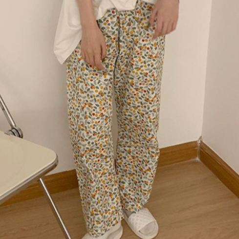 Jiashucheng Quần Dài Dáng Rộng Lưng Thun Mỏng Họa Tiết Hoa Dễ Thương Cho Học Sinh