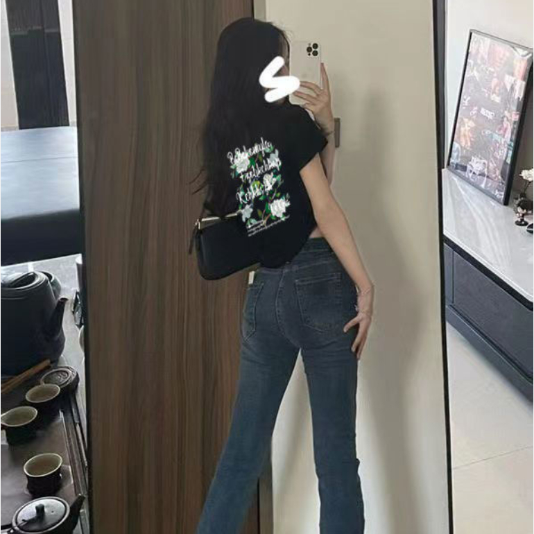 Jiashucheng Áo Thun Nữ Ngắn Tay Hở Vai Họa Tiết Hoa Hồng Thời Trang