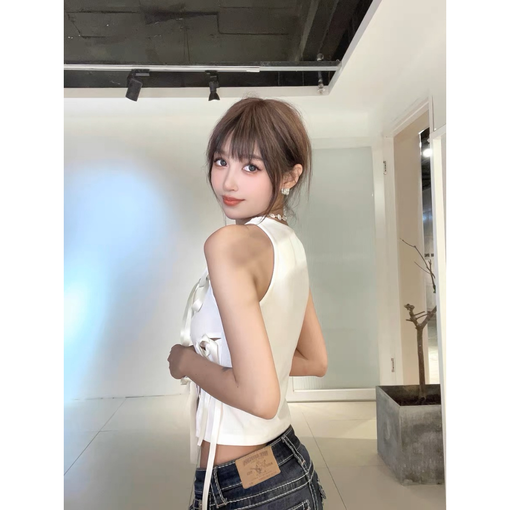 Áo Croptop Sát Nách Cổ Tròn Khoét Rỗng Màu Trắng Thời Trang Mùa Hè Cho Nữ