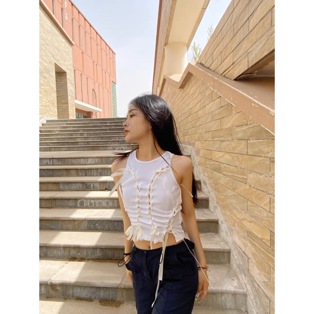 Áo Croptop Sát Nách Cổ Tròn Khoét Rỗng Màu Trắng Thời Trang Mùa Hè Cho Nữ