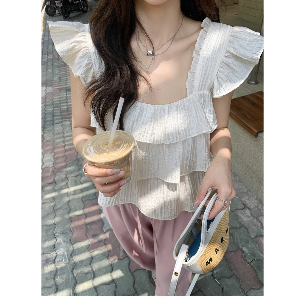 Áo Voan Mỏng Sát Nách Cổ Vuông Dáng Rộng Mềm Mại Màu Trơn Thời Trang Cho Nữ