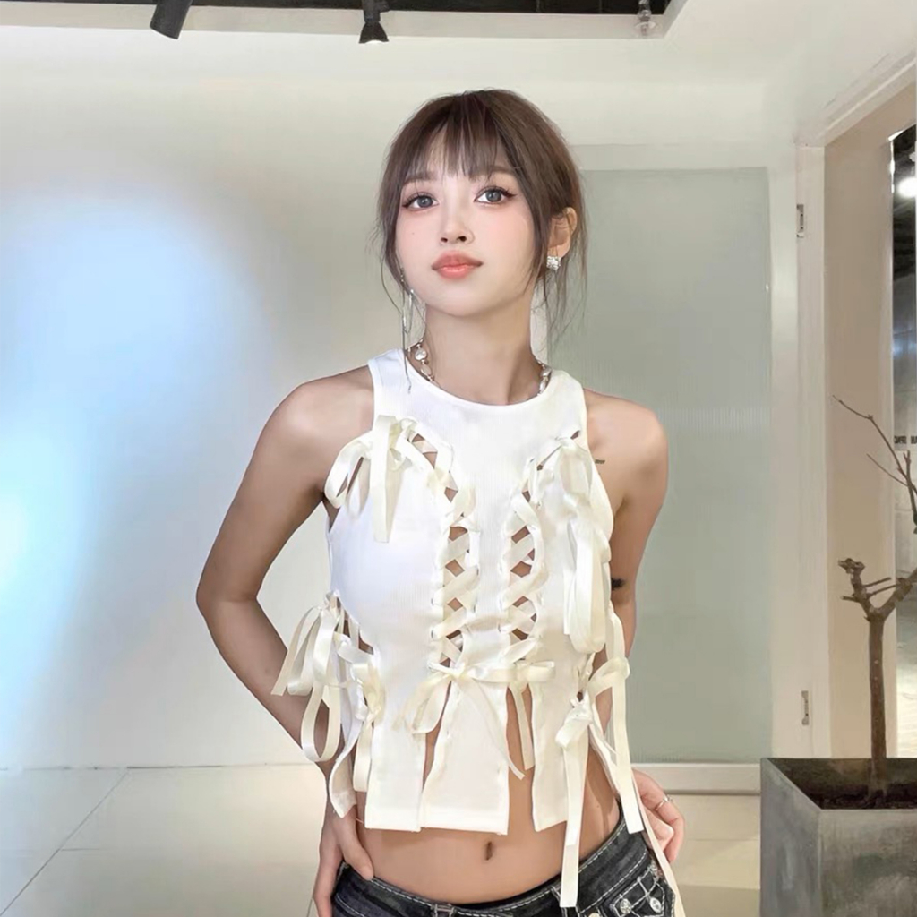 Áo Croptop Sát Nách Cổ Tròn Khoét Rỗng Màu Trắng Thời Trang Mùa Hè Cho Nữ